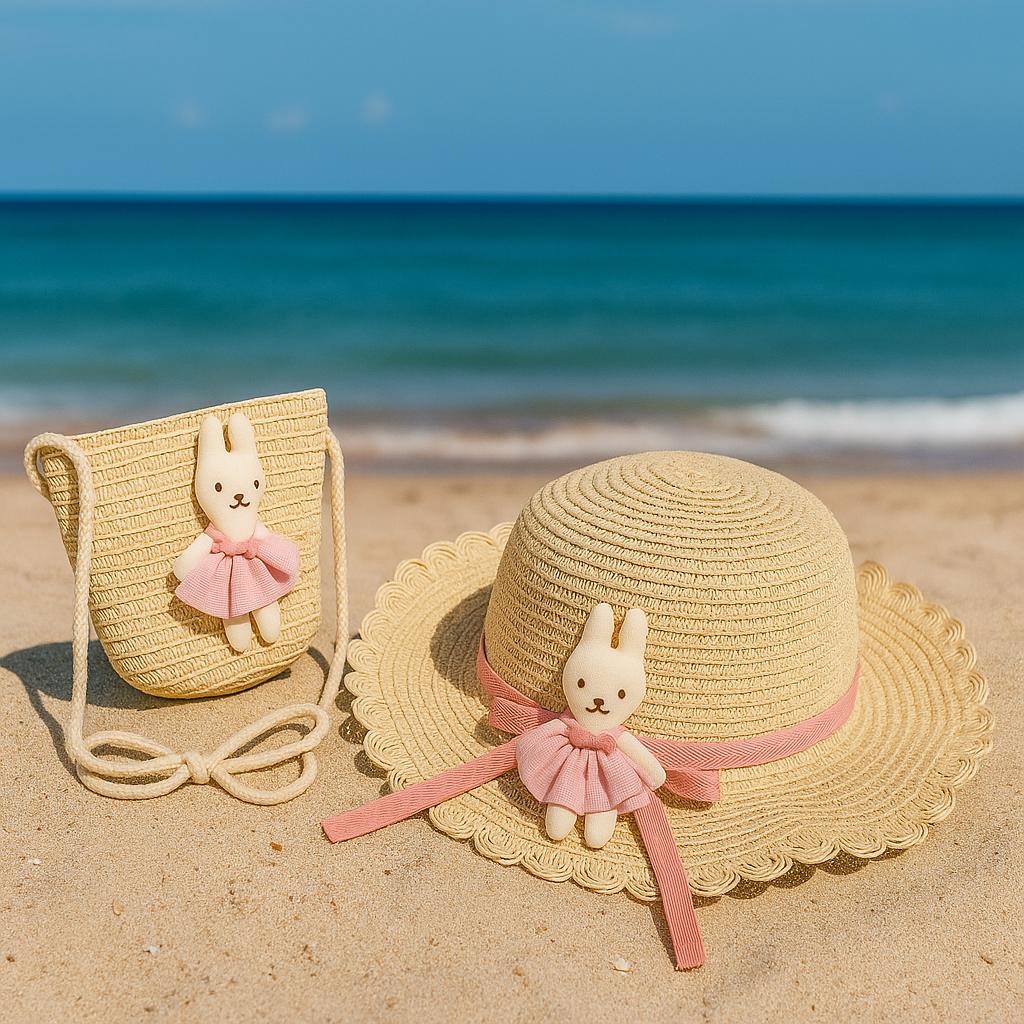 Toddler Straw Hat with Bunny Bag Summer Hat & Purse Set for Girls