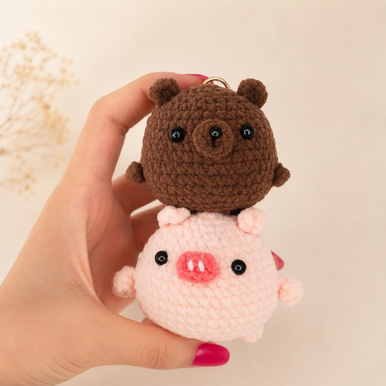 Crochet Pig or Bear Keychain, Handmade Amigurumi Bag Charm, Cute Animal Keyring, Kawaii Gift