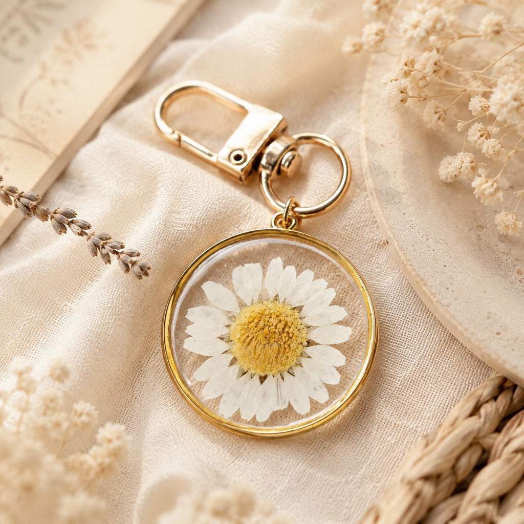 Dried Flower Resin Keychain, Pressed Daisy Flower Aesthetic Bag Charm, Handmade Floral Gift for Her, Mom or Best Friend