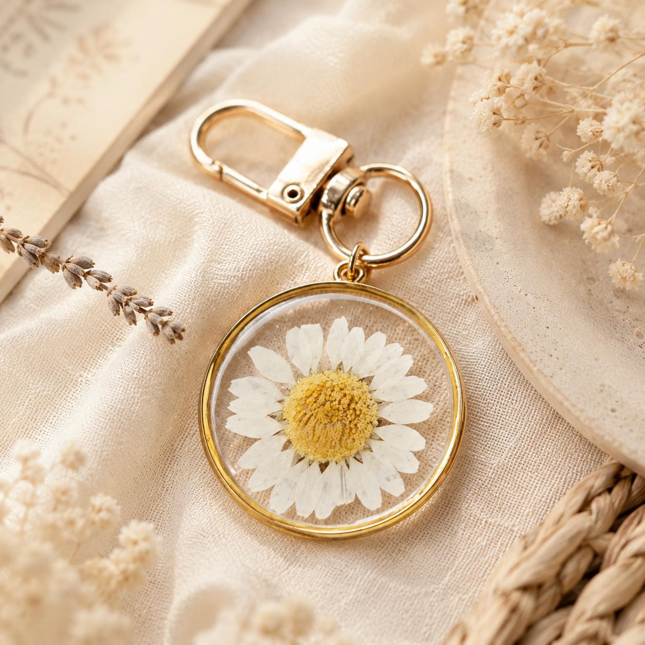 Dried Flower Resin Keychain, Pressed Daisy Flower Aesthetic Bag Charm, Handmade Floral Gift for Her, Mom or Best Friend