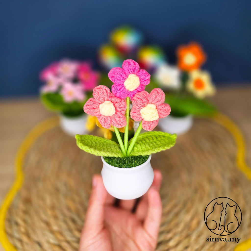 Mini Crochet Flower Pot, Handmade Forever Flowers, Cute Desk Decor , No Water Plant,Housewarming Office Gift