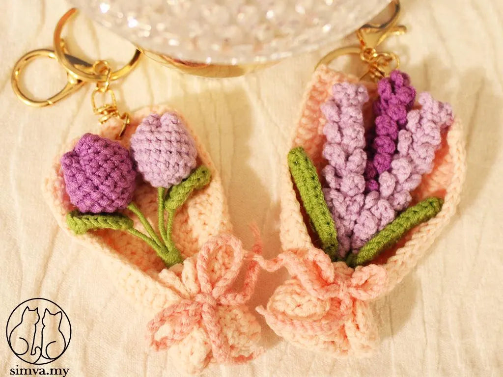 Crochet Flower Bouquet Keychain, Handmade Tulip or Lavender Bag Charm, Cute Gift for Her