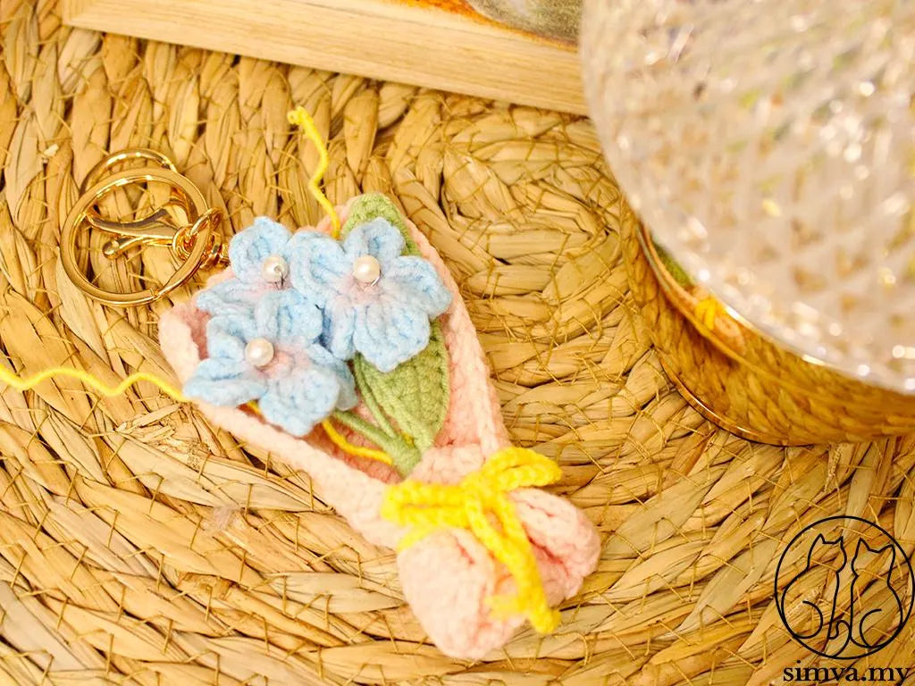 Crochet Flower Bouquet Keychain, Handmade Tulip or Lavender Bag Charm, Cute Gift for Her
