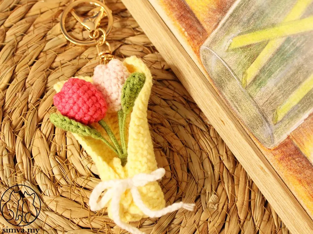 Crochet Flower Bouquet Keychain, Handmade Tulip or Lavender Bag Charm, Cute Gift for Her