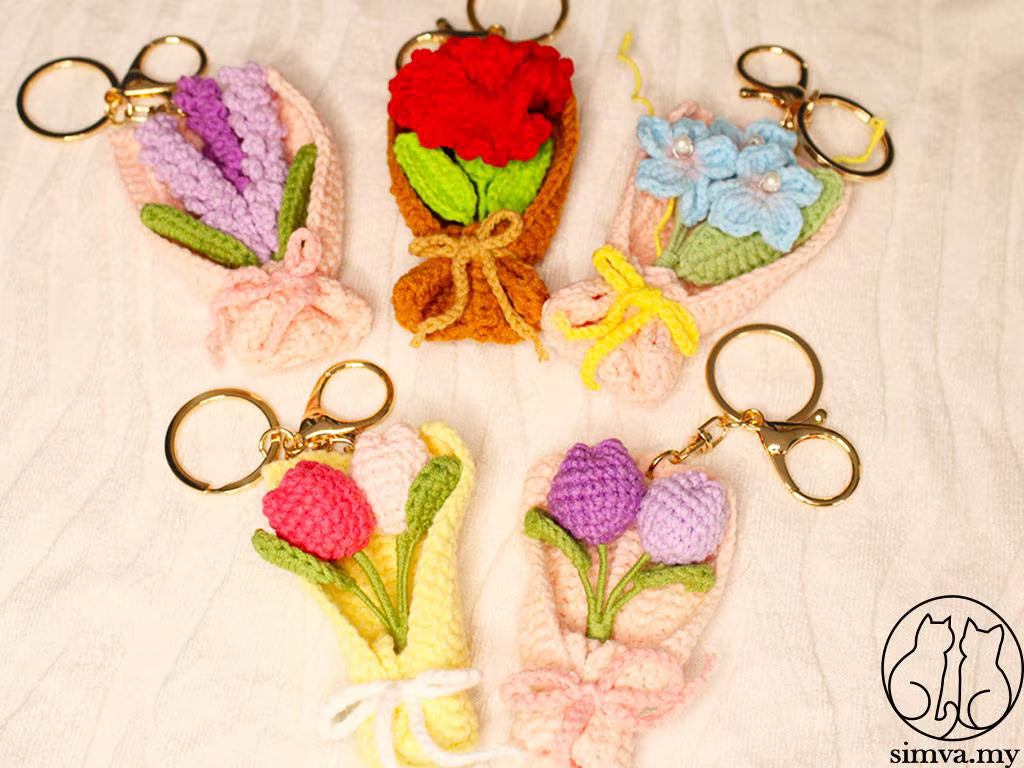 Crochet Flower Bouquet Keychain, Handmade Tulip or Lavender Bag Charm, Cute Gift for Her