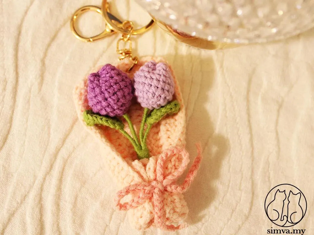 Crochet Flower Bouquet Keychain, Handmade Tulip or Lavender Bag Charm, Cute Gift for Her