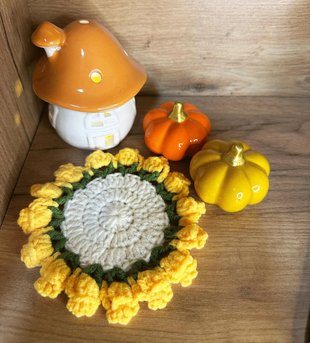 Crochet Flower Coaster Bouquet with Basket, Handmade Floral Mug Coaster, Housewarming Gift, Tea Lover Gift