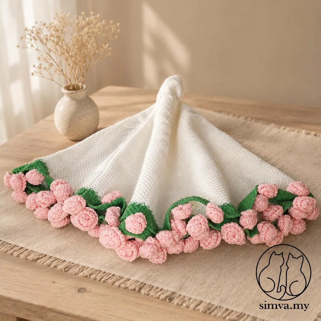 Handmade Crochet Rose Blanket Chunky Floral Throw, 43”