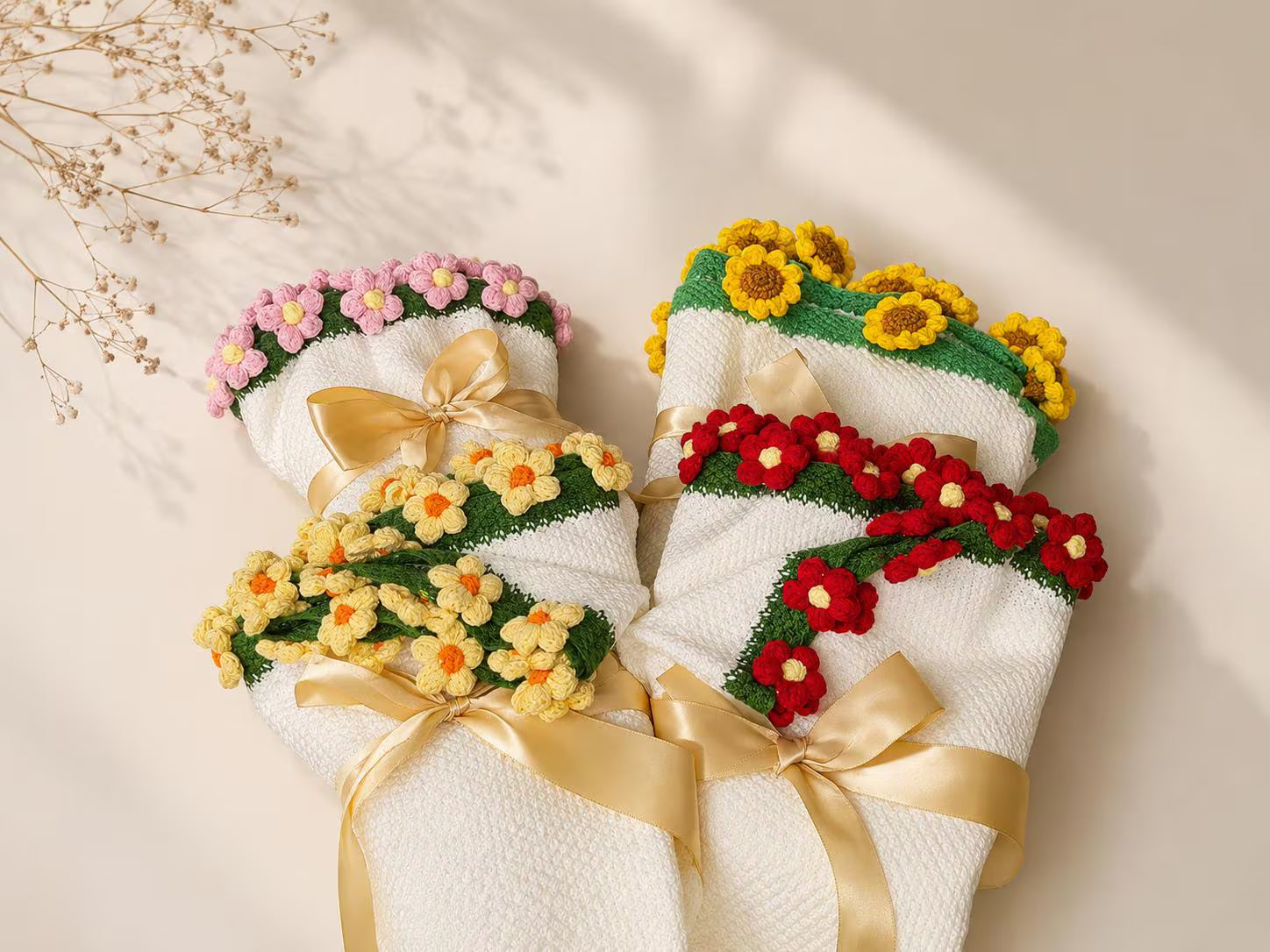 Handmade Crochet Rose Blanket Chunky Floral Throw, 43”