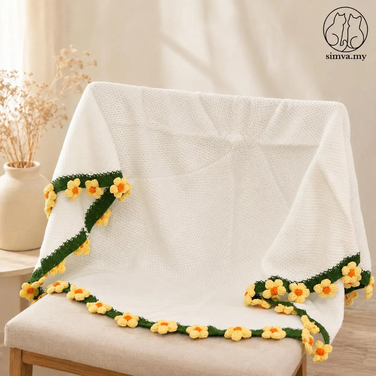 Handmade Crochet Rose Blanket Chunky Floral Throw, 43”