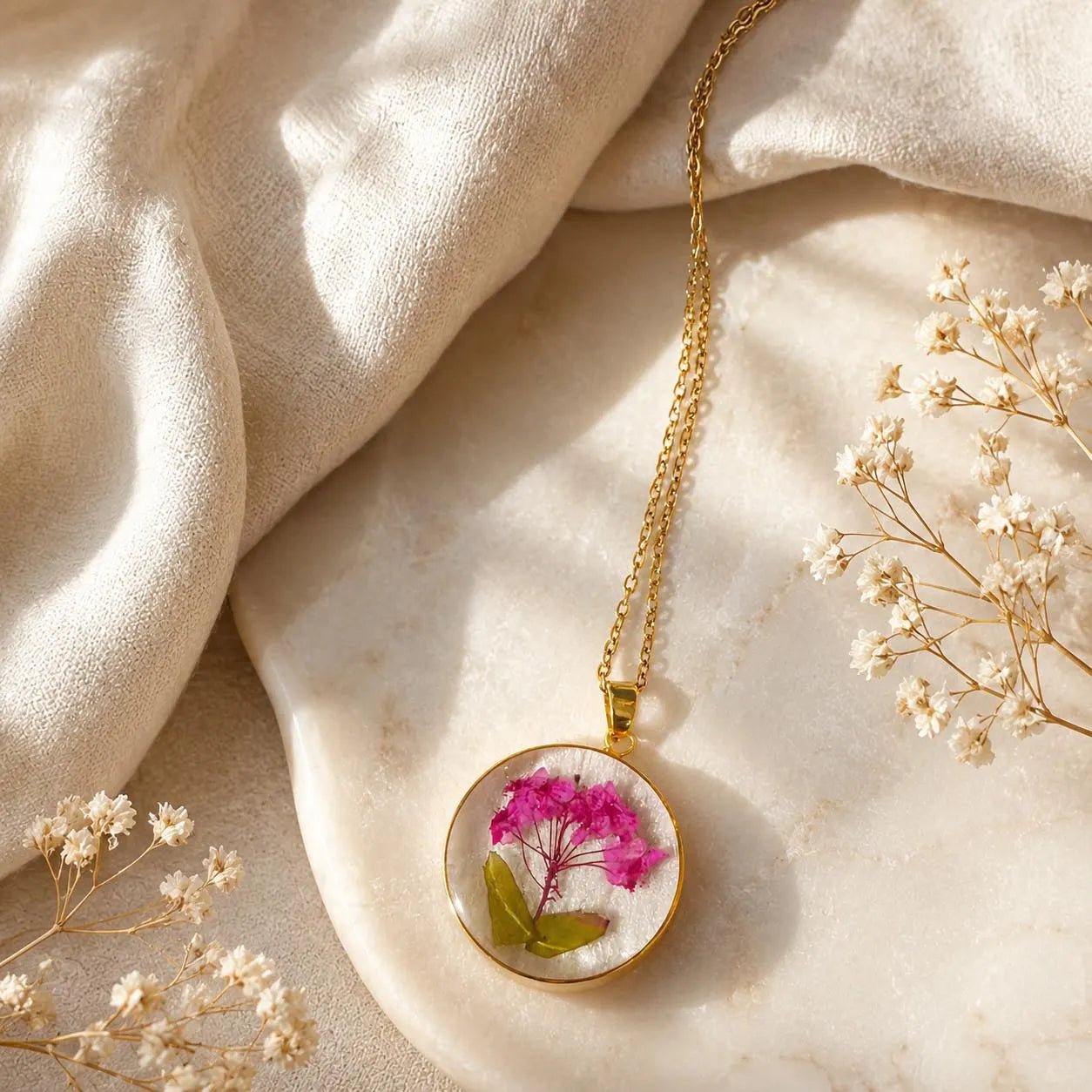 Real Pressed Flower Resin Necklace, Handmade Gold Botanical Pendant, Dried Flower Jewelry Gift for Her