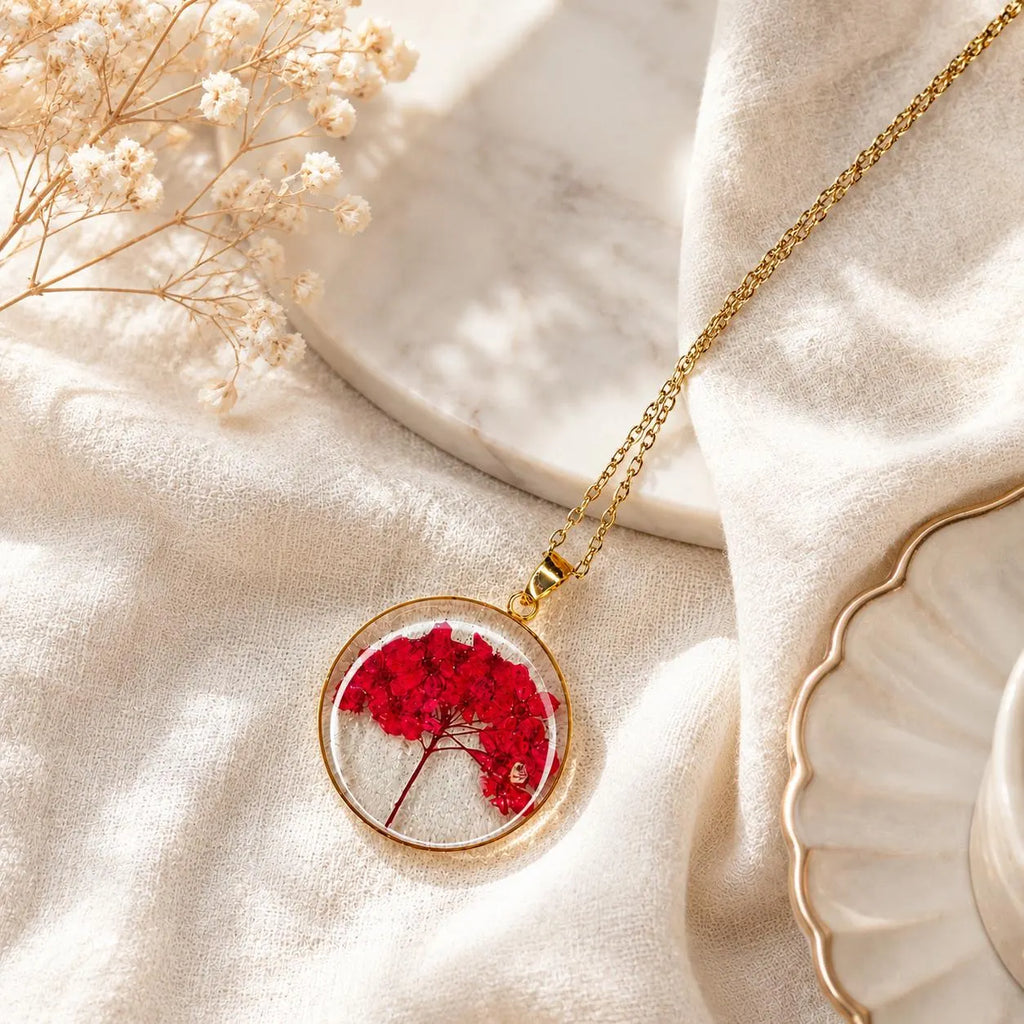 Real Pressed Flower Resin Necklace, Handmade Gold Botanical Pendant, Dried Flower Jewelry Gift for Her