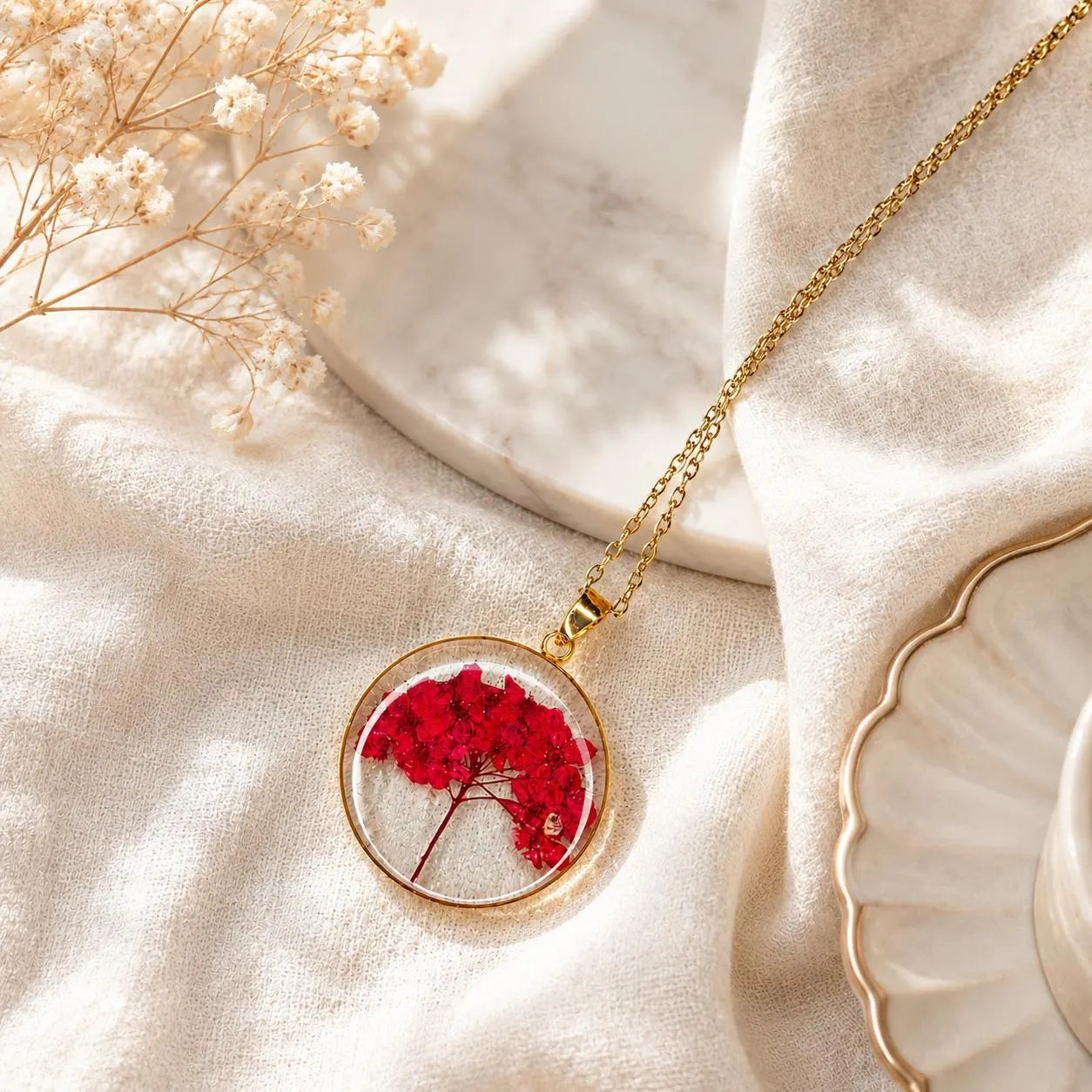 Real Pressed Flower Resin Necklace, Handmade Gold Botanical Pendant, Dried Flower Jewelry Gift for Her