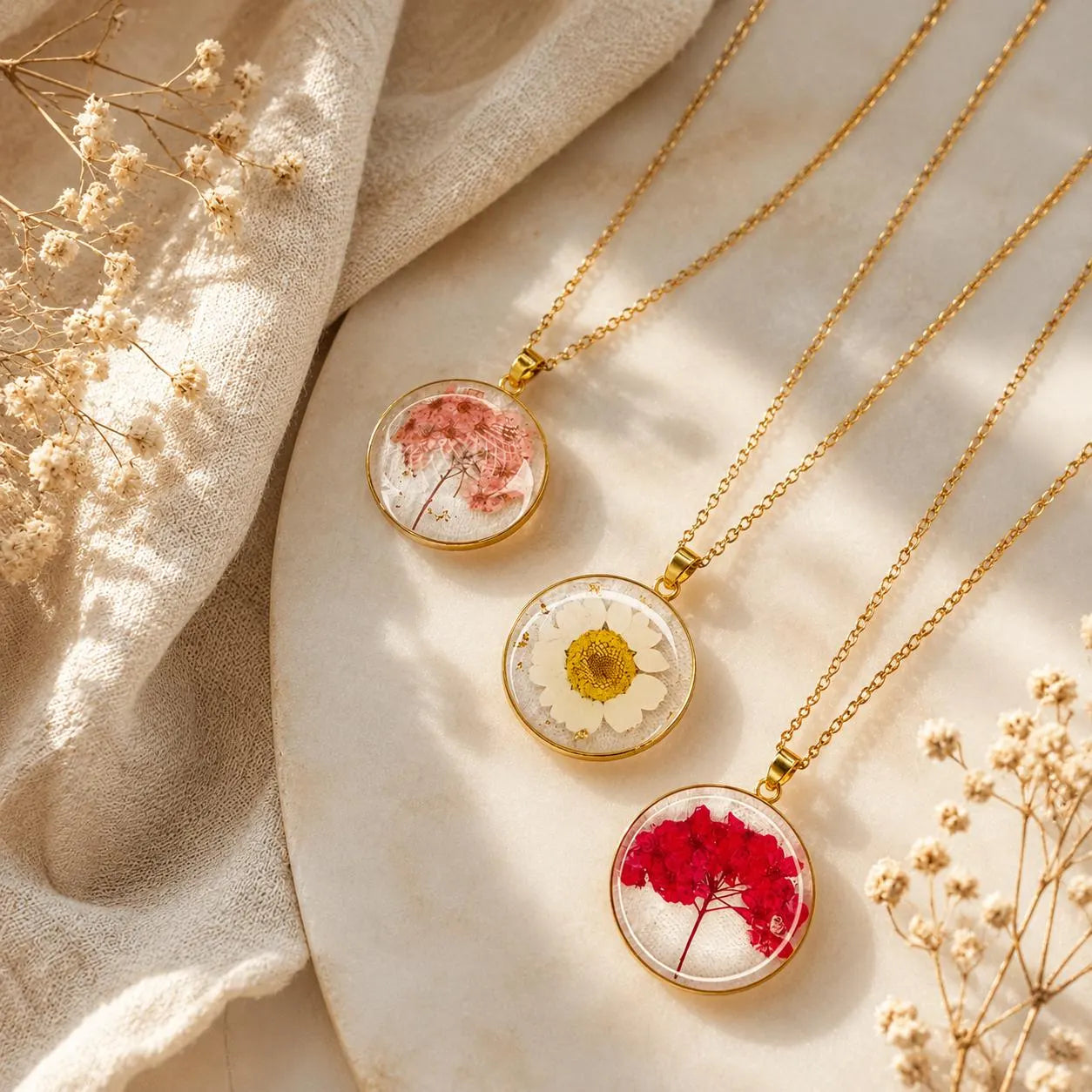 Real Pressed Flower Resin Necklace, Handmade Gold Botanical Pendant, Dried Flower Jewelry Gift for Her