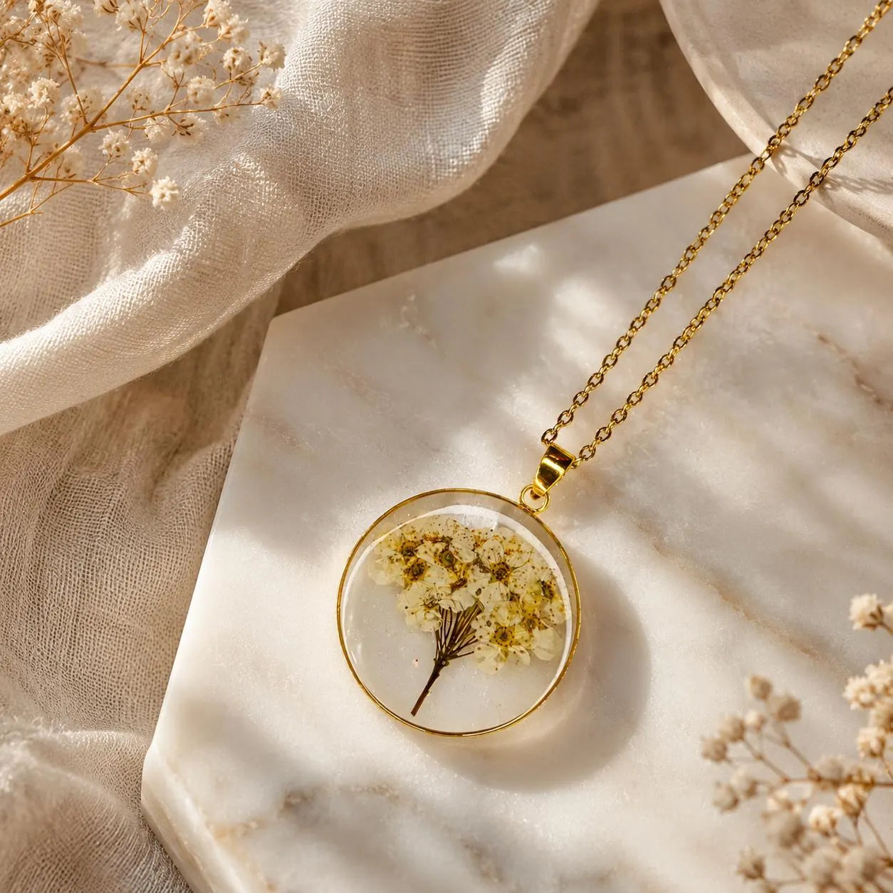 Real Pressed Flower Resin Necklace, Handmade Gold Botanical Pendant, Dried Flower Jewelry Gift for Her