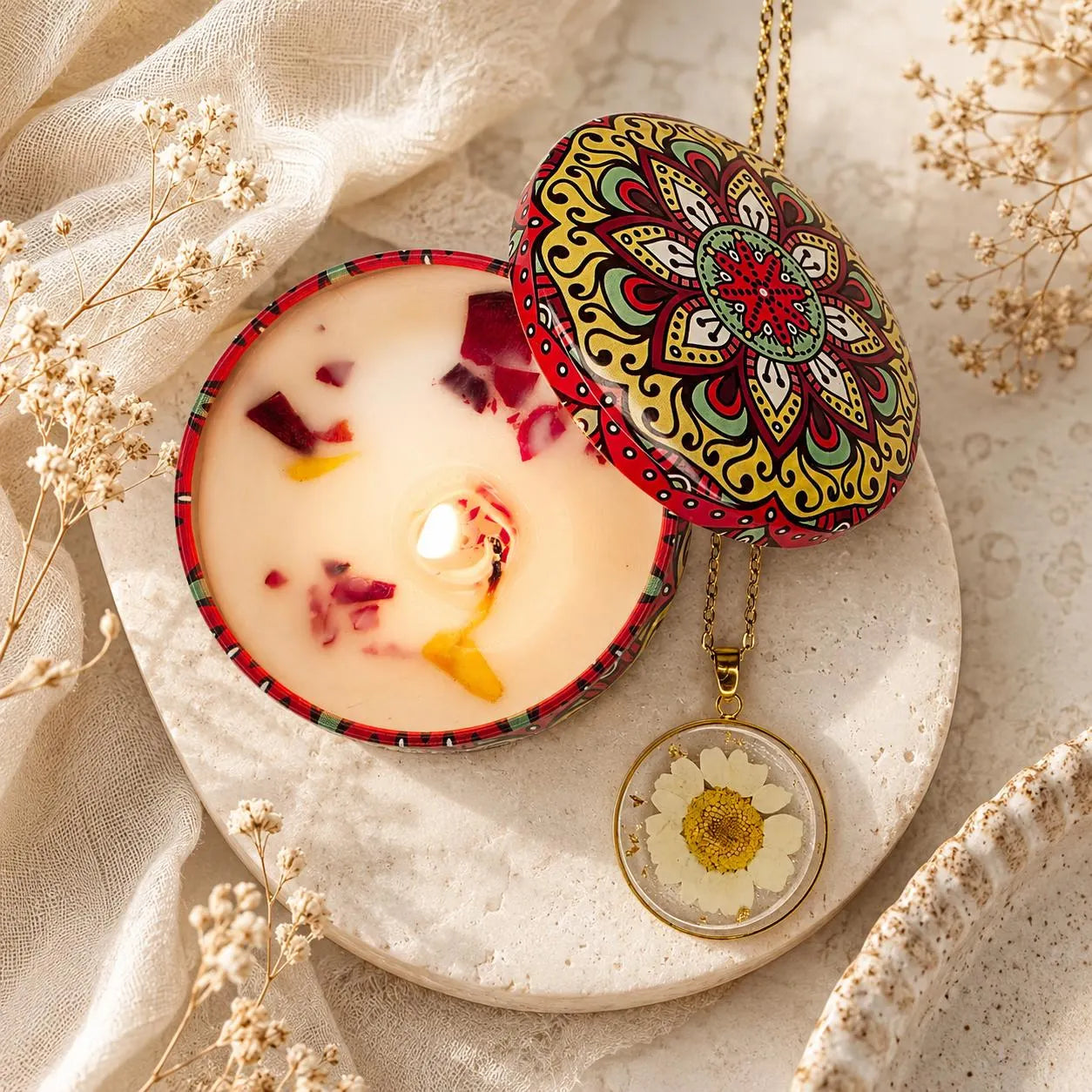 Real Pressed Flower Resin Necklace, Handmade Gold Botanical Pendant, Dried Flower Jewelry Gift for Her