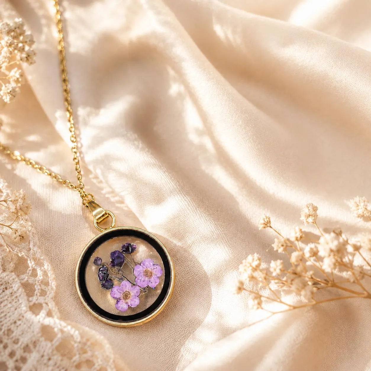 Real Pressed Flower Resin Necklace, Handmade Botanical Pendant, Clover or Zinnia Jewelry, Gift for Her