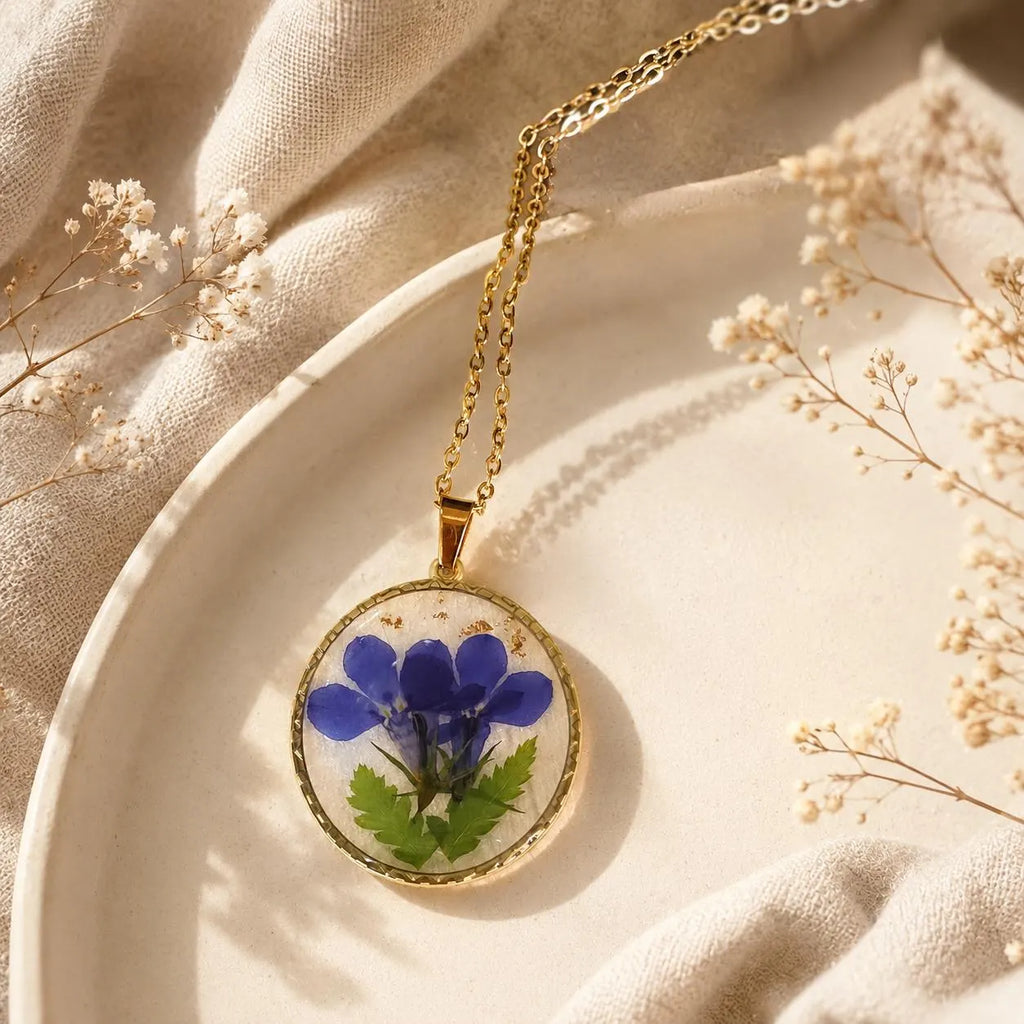 Real Pressed Flower Resin Necklace, Gold Botanical Pendant, Handmade Floral Jewelry Gift for Her