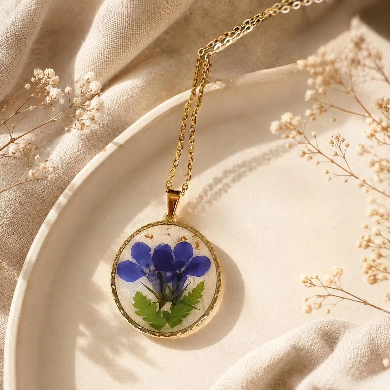 Real Pressed Flower Resin Necklace, Gold Botanical Pendant, Handmade Floral Jewelry Gift for Her
