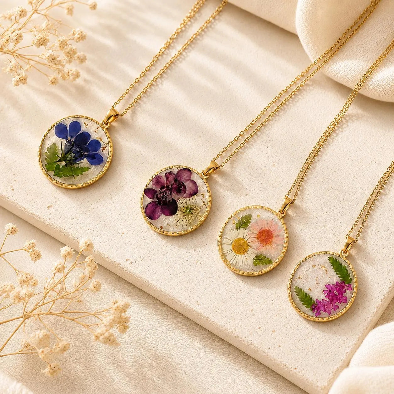 Real Pressed Flower Resin Necklace, Gold Botanical Pendant, Handmade Floral Jewelry Gift for Her