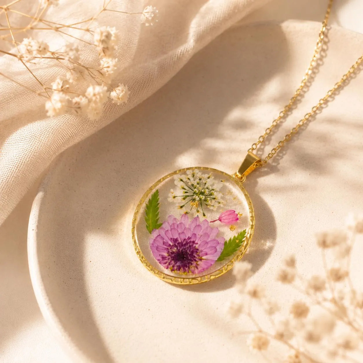 Real Pressed Flower Resin Necklace, Gold Botanical Pendant, Handmade Floral Jewelry Gift for Her