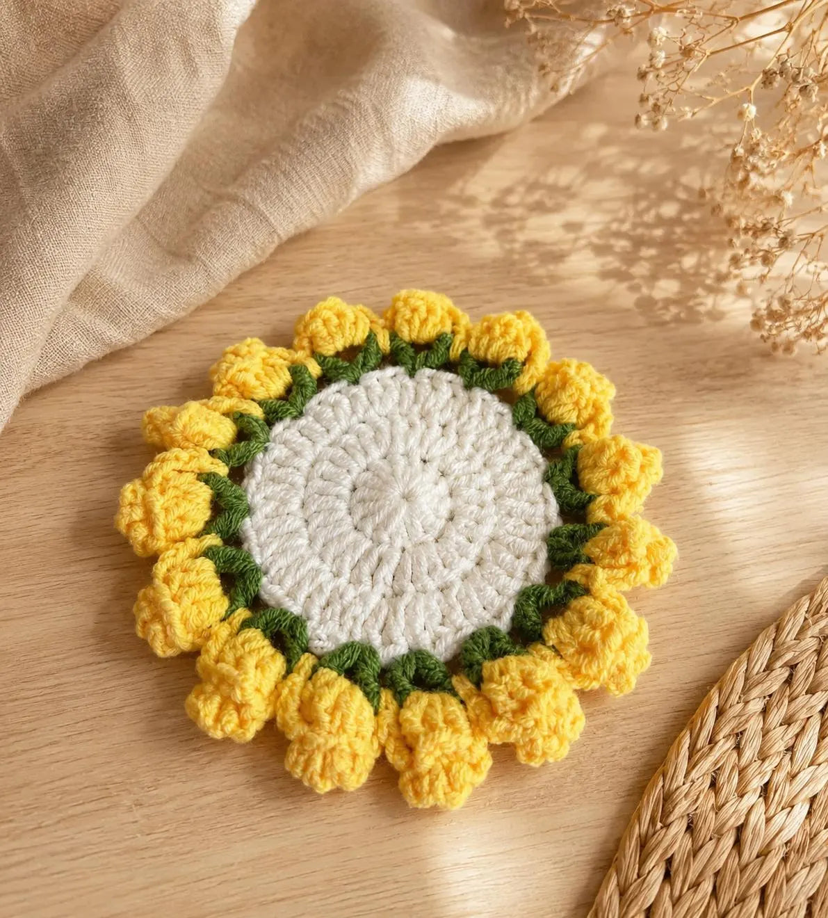 Crochet Flower Coaster Bouquet with Basket, Handmade Floral Mug Coaster, Housewarming Gift, Tea Lover Gift