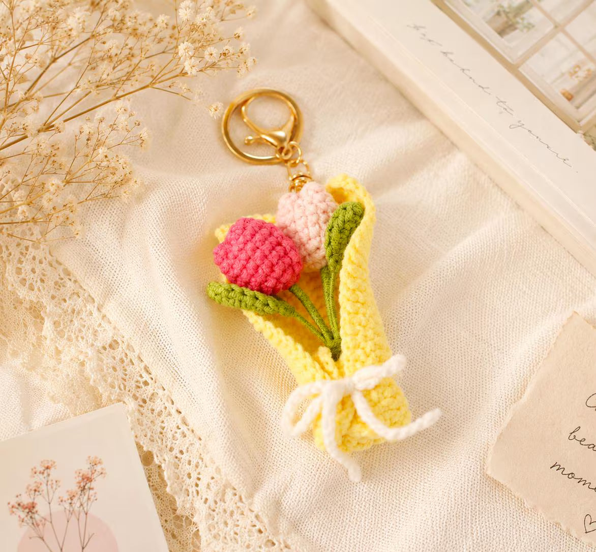 Crochet Flower Bouquet Keychain, Handmade Tulip or Lavender Bag Charm, Cute Gift for Her