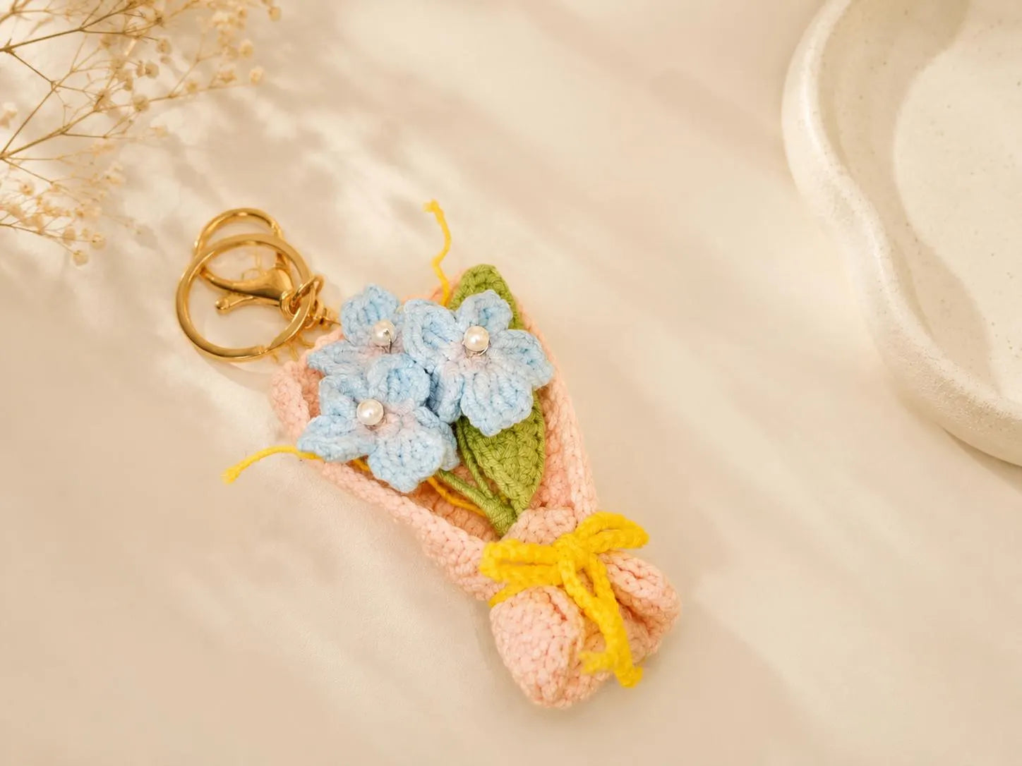 Crochet Flower Bouquet Keychain, Handmade Tulip or Lavender Bag Charm, Cute Gift for Her