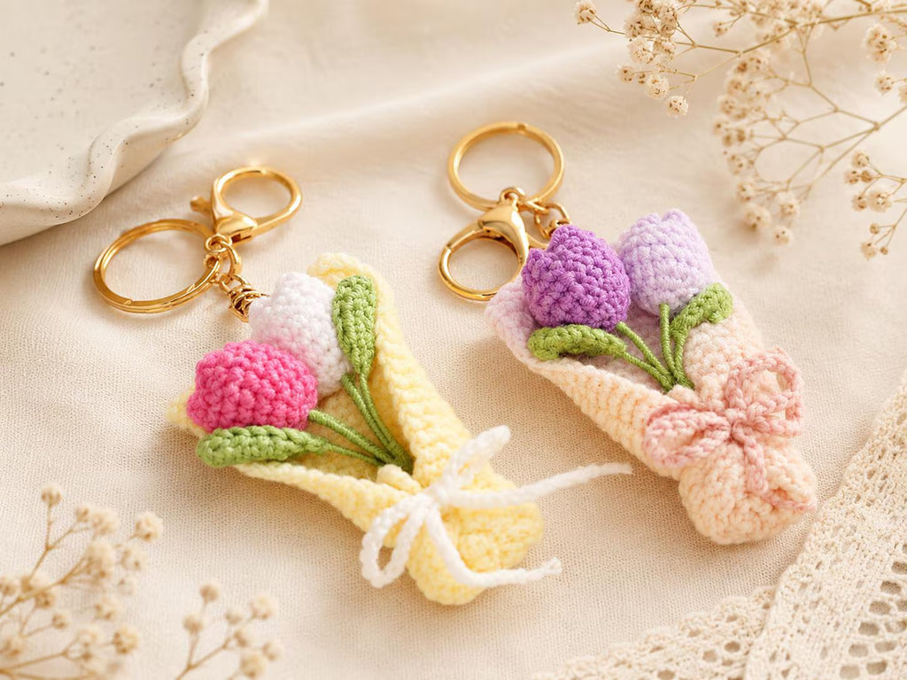 Crochet Flower Bouquet Keychain, Handmade Tulip or Lavender Bag Charm, Cute Gift for Her