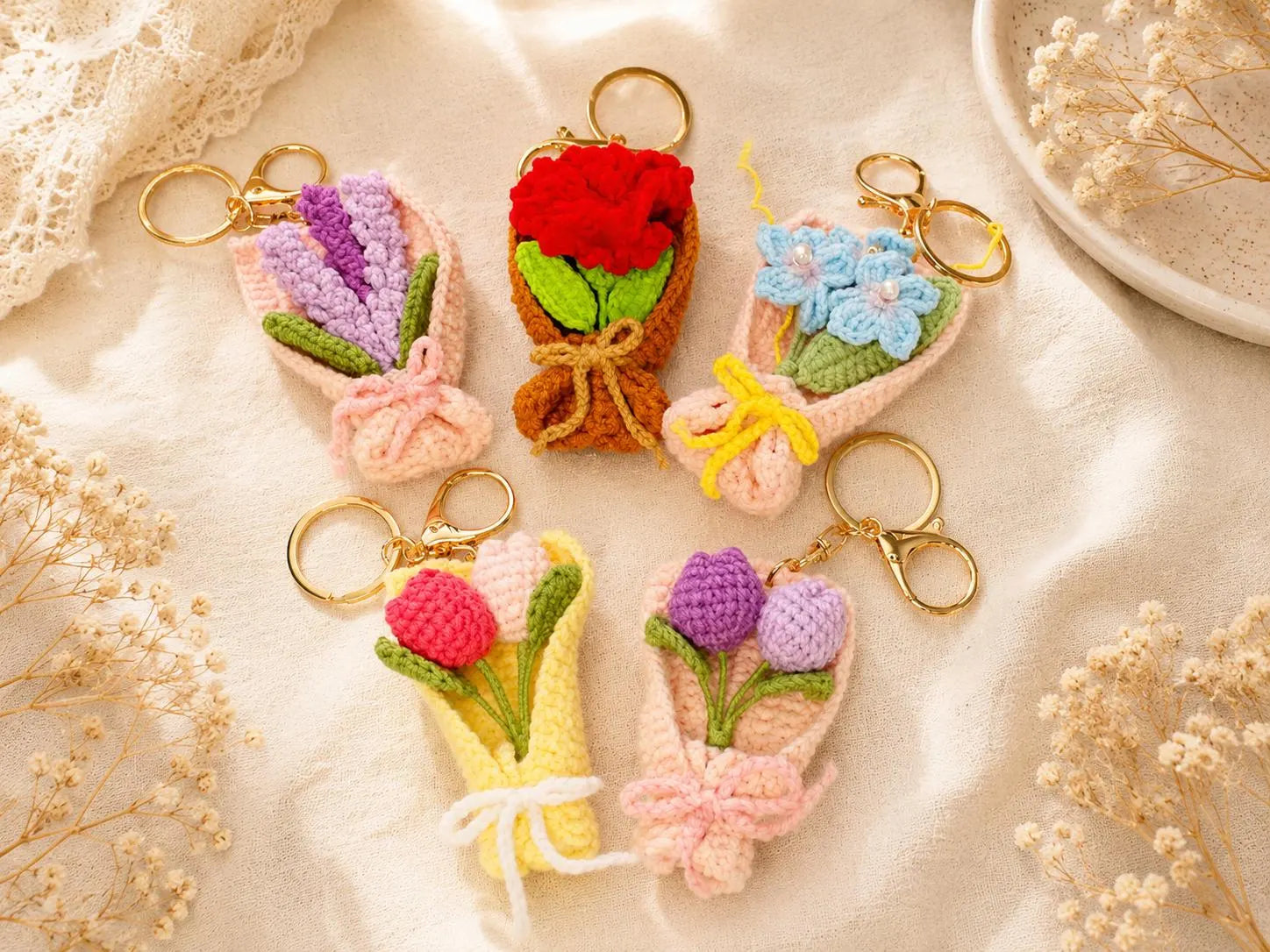 Crochet Flower Bouquet Keychain, Handmade Tulip or Lavender Bag Charm, Cute Gift for Her