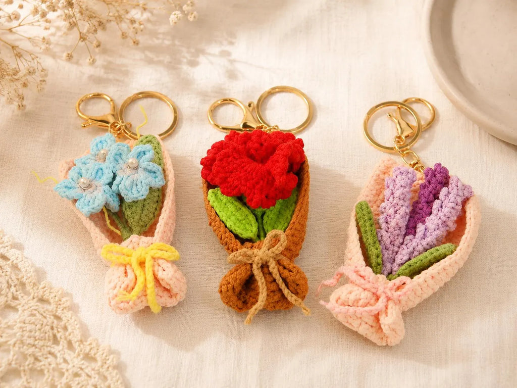 Crochet Flower Bouquet Keychain, Handmade Tulip or Lavender Bag Charm, Cute Gift for Her