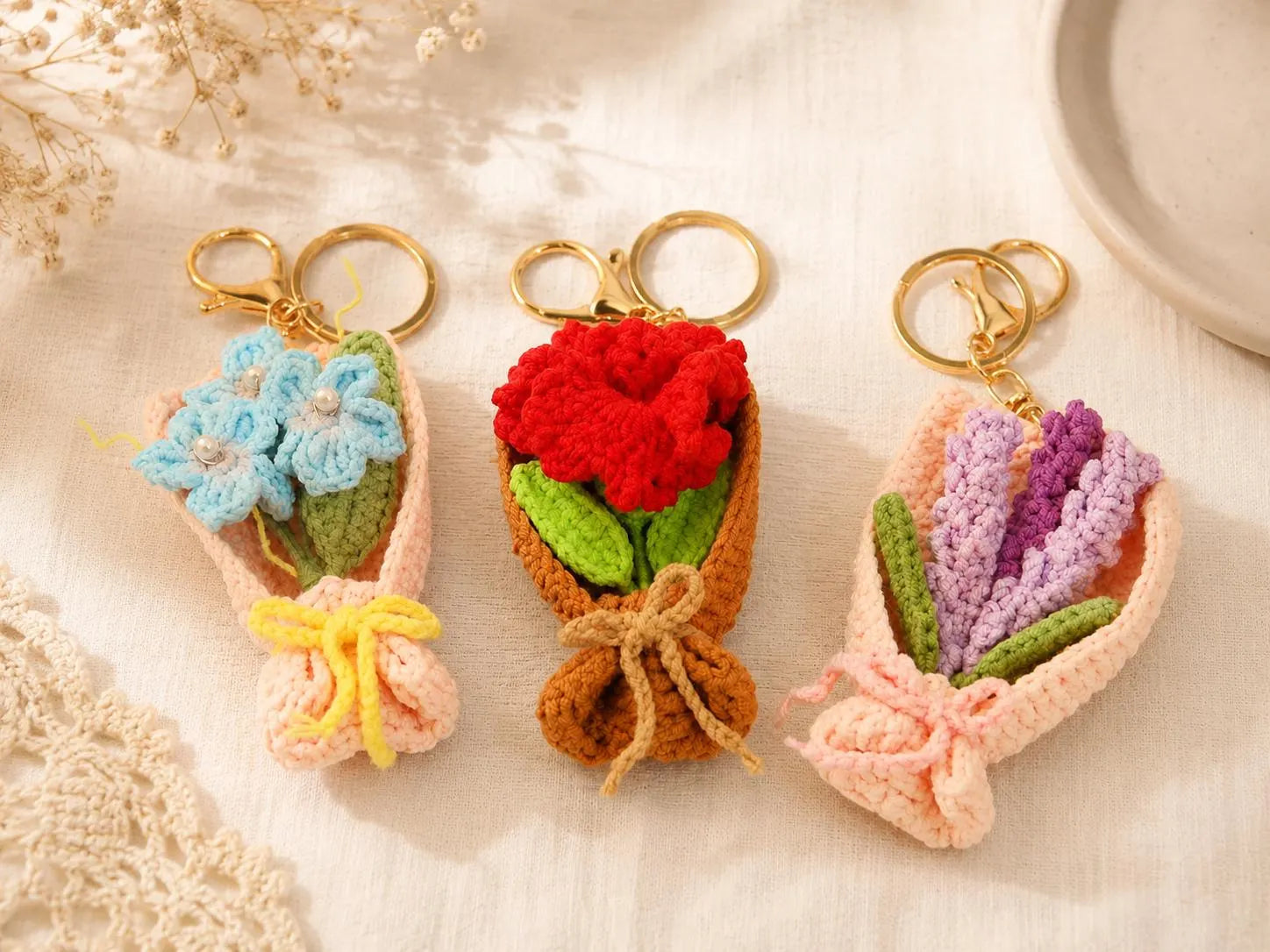 Crochet Flower Bouquet Keychain, Handmade Tulip or Lavender Bag Charm, Cute Gift for Her