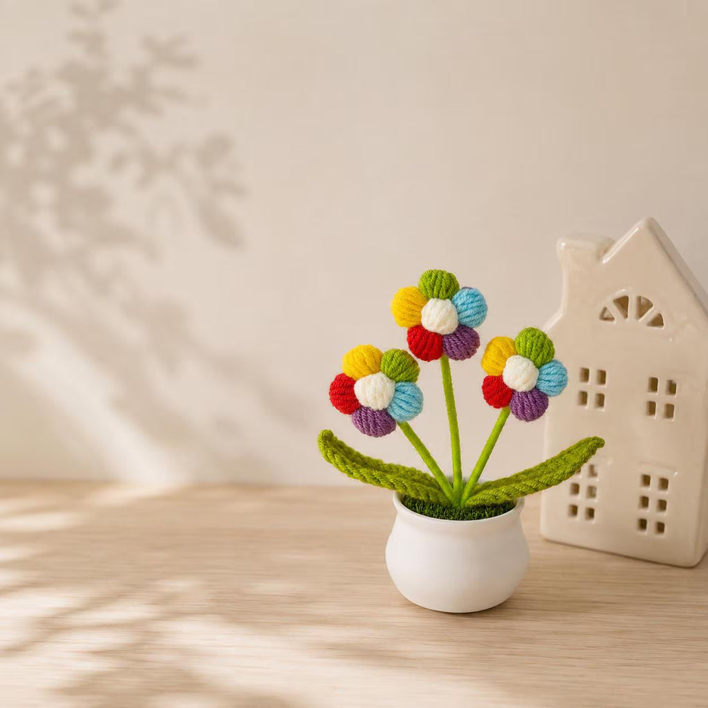 Mini Crochet Flower Pot, Handmade Forever Flowers, Cute Desk Decor , No Water Plant,Housewarming Office Gift