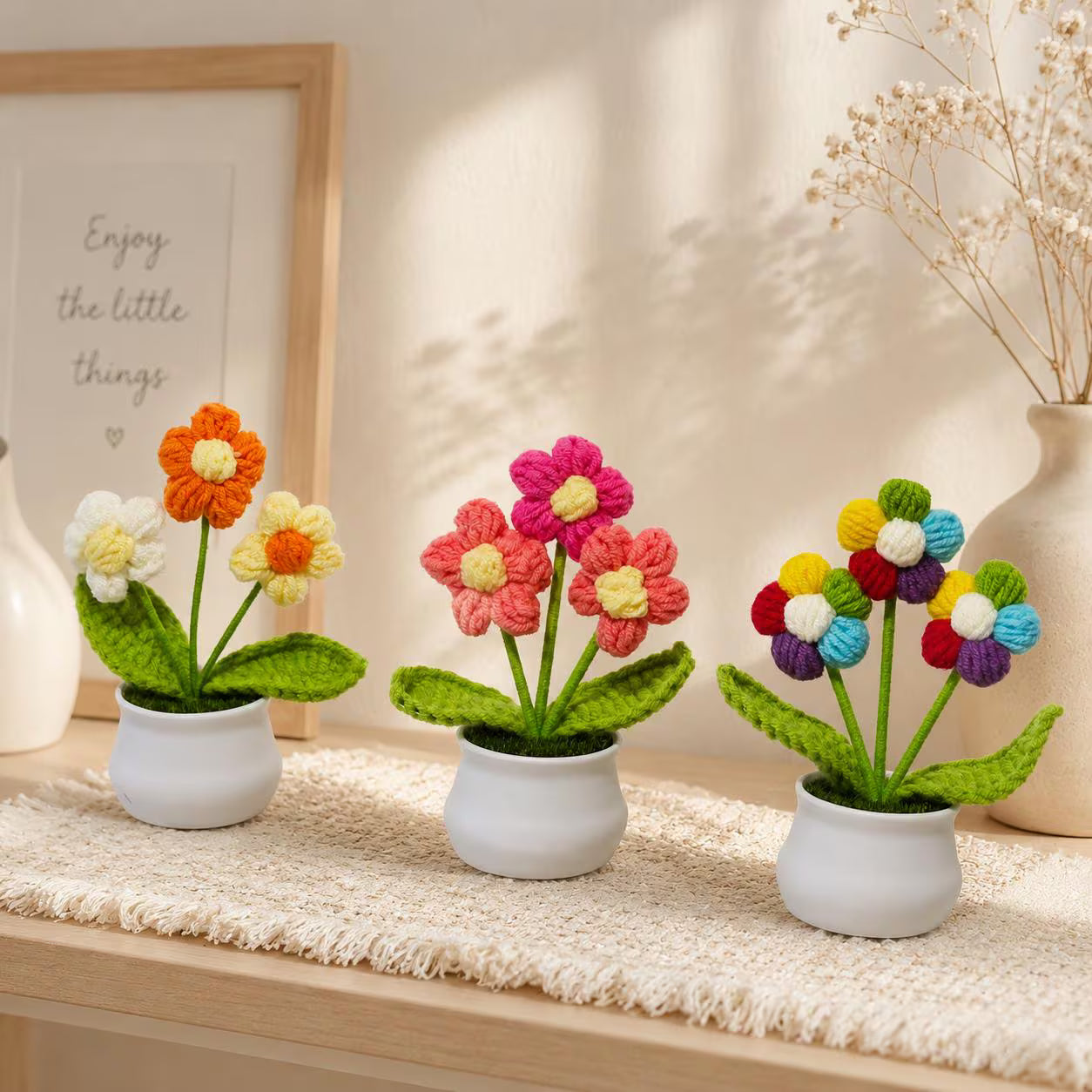Mini Crochet Flower Pot, Handmade Forever Flowers, Cute Desk Decor , No Water Plant,Housewarming Office Gift