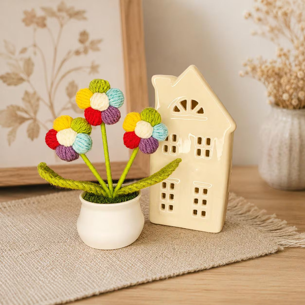 Mini Crochet Flower Pot, Handmade Forever Flowers, Cute Desk Decor , No Water Plant,Housewarming Office Gift