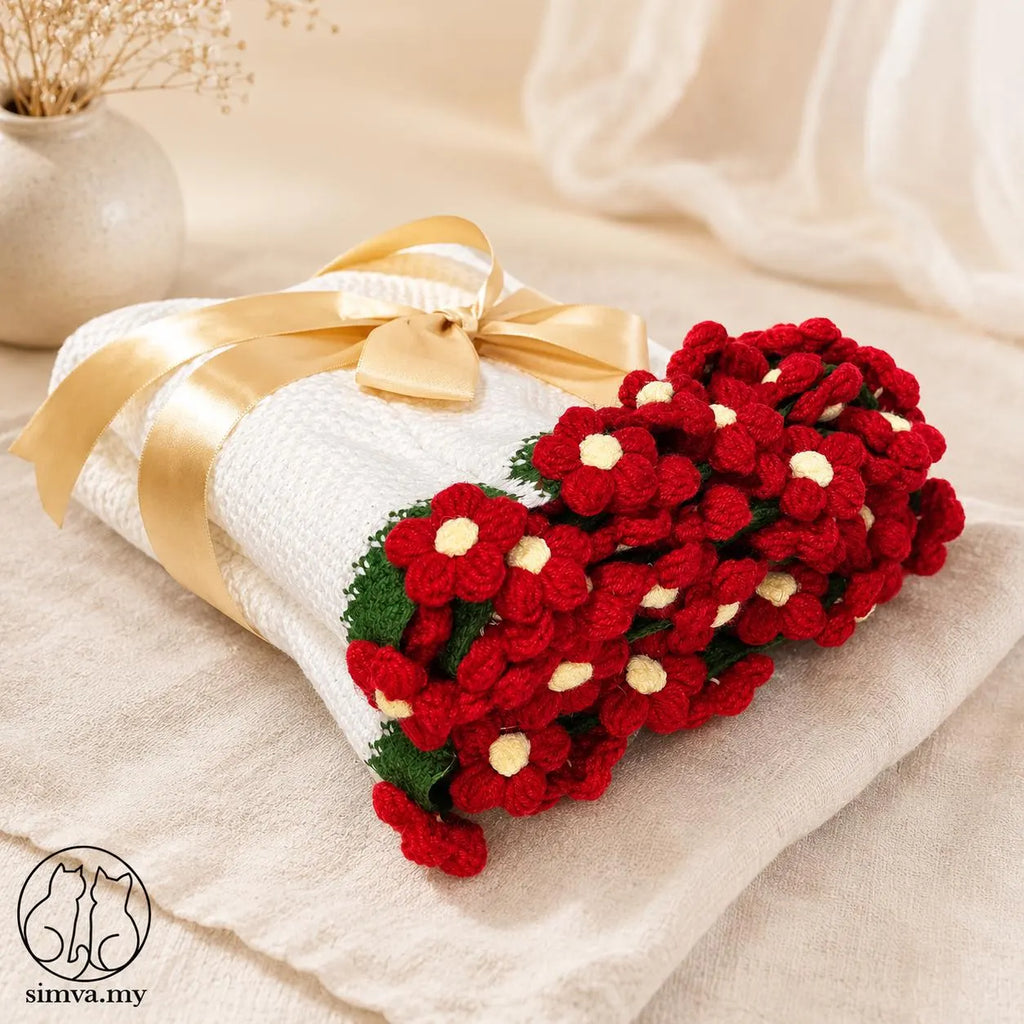 Handmade Crochet Rose Blanket Chunky Floral Throw, 43”