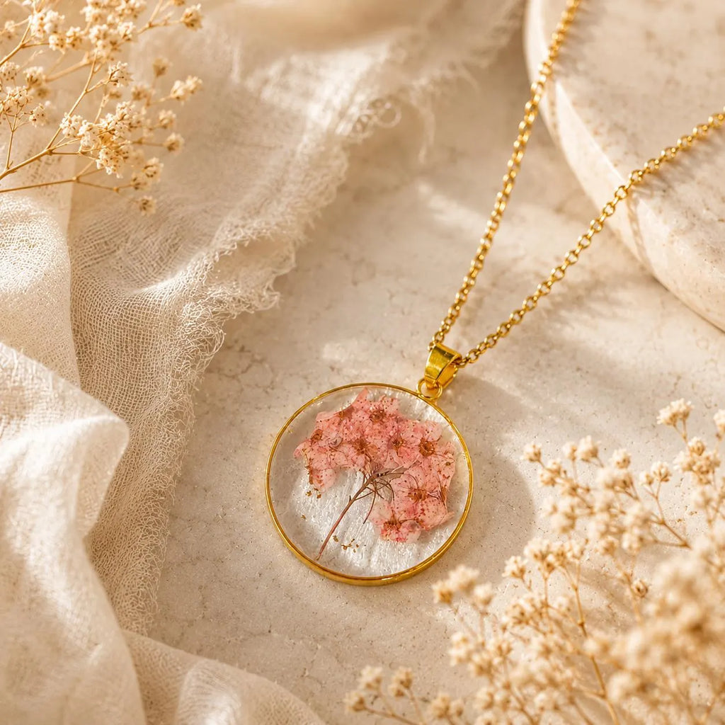Real Pressed Flower Resin Necklace, Handmade Gold Botanical Pendant, Dried Flower Jewelry Gift for Her