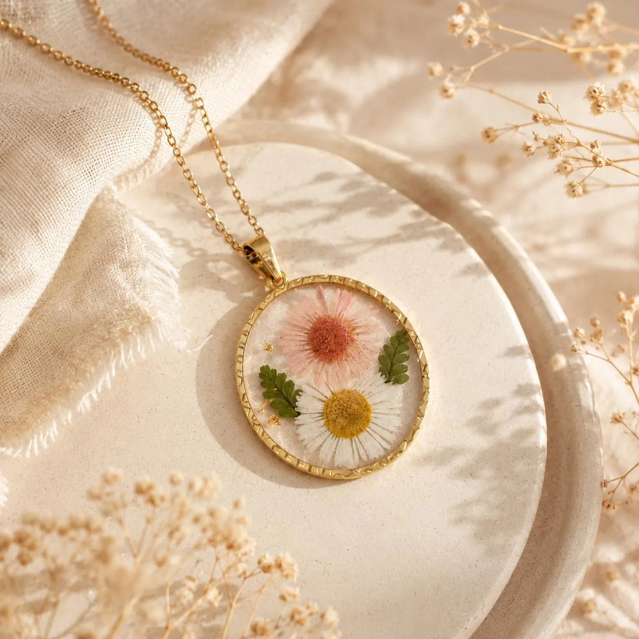 Real Pressed Flower Resin Necklace, Gold Botanical Pendant, Handmade Floral Jewelry Gift for Her