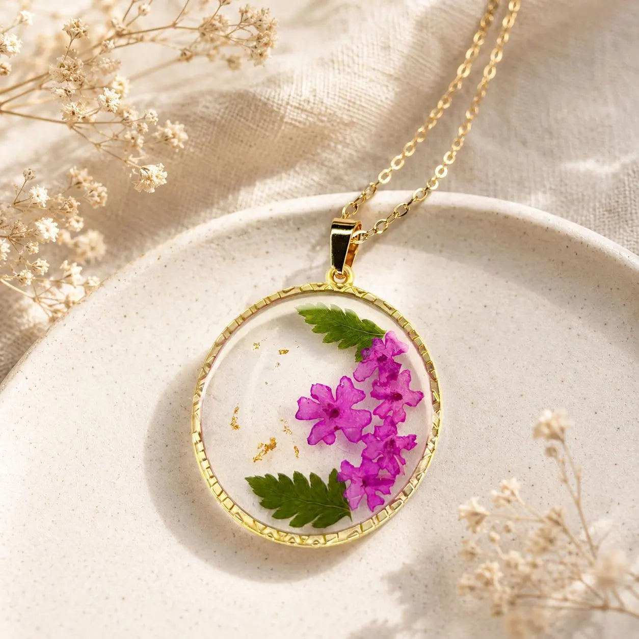 Real Pressed Flower Resin Necklace, Gold Botanical Pendant, Handmade Floral Jewelry Gift for Her