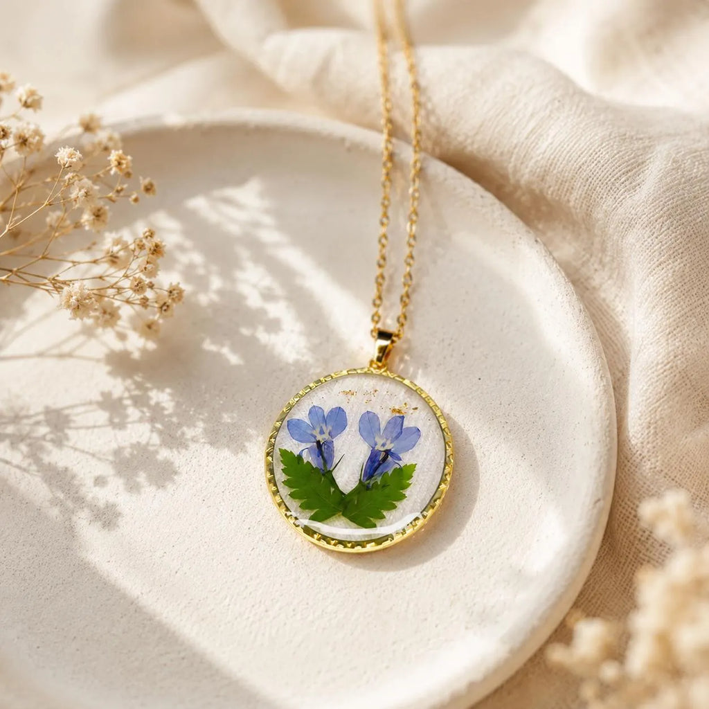 Real Pressed Flower Resin Necklace, Gold Botanical Pendant, Handmade Floral Jewelry Gift for Her