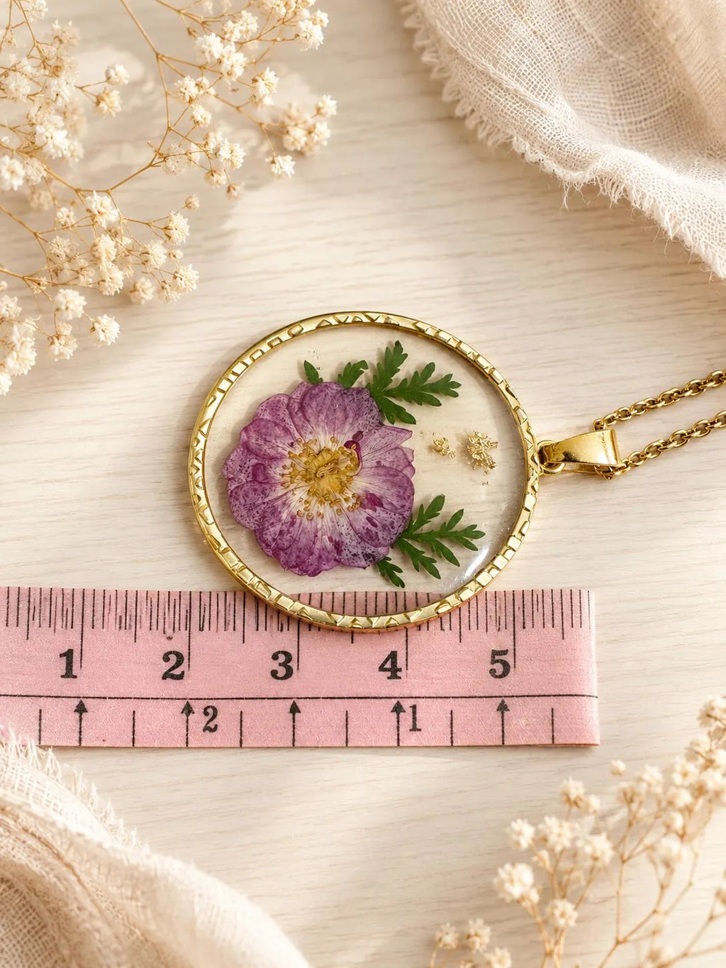 Real Pressed Flower Resin Necklace, Gold Botanical Pendant, Handmade Floral Jewelry Gift for Her