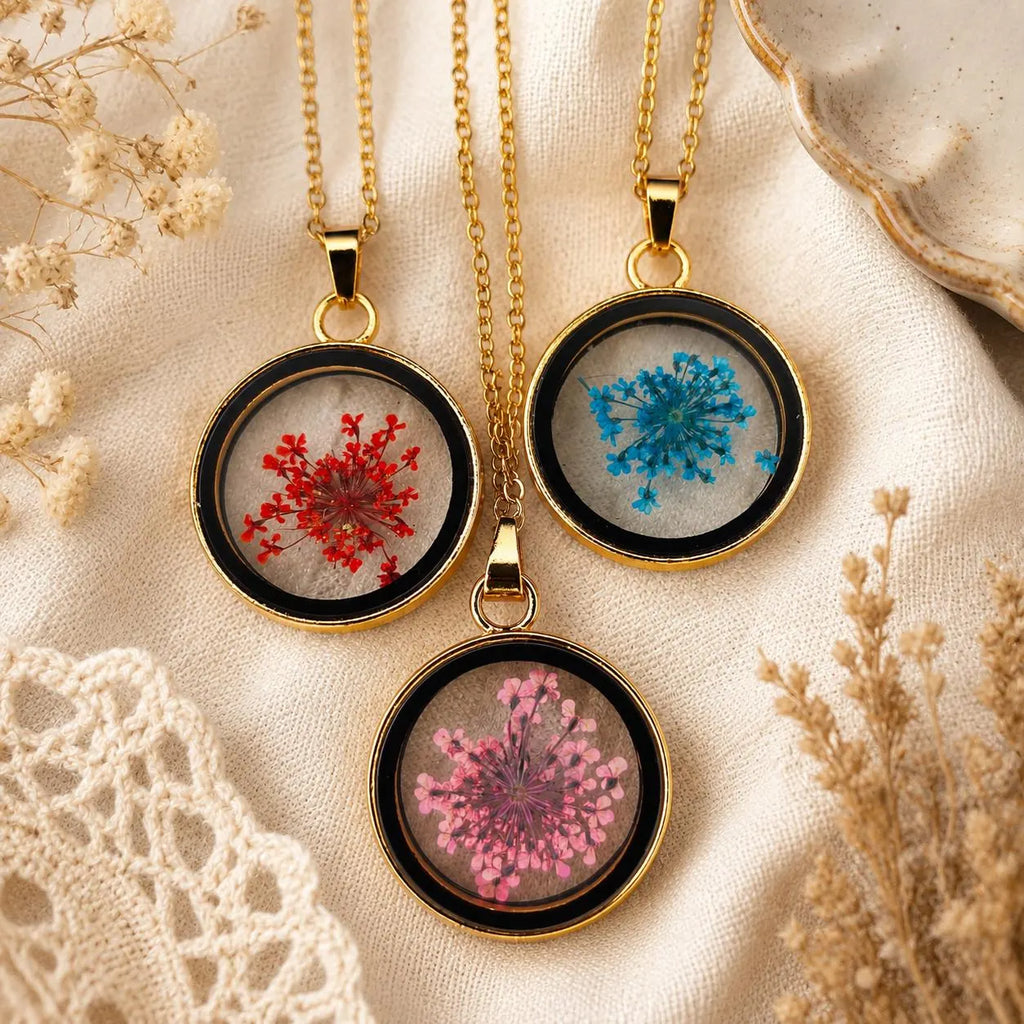 Real Pressed Flower Resin Necklace, Handmade Botanical Pendant, Gold Floral Jewelry Gift for Her