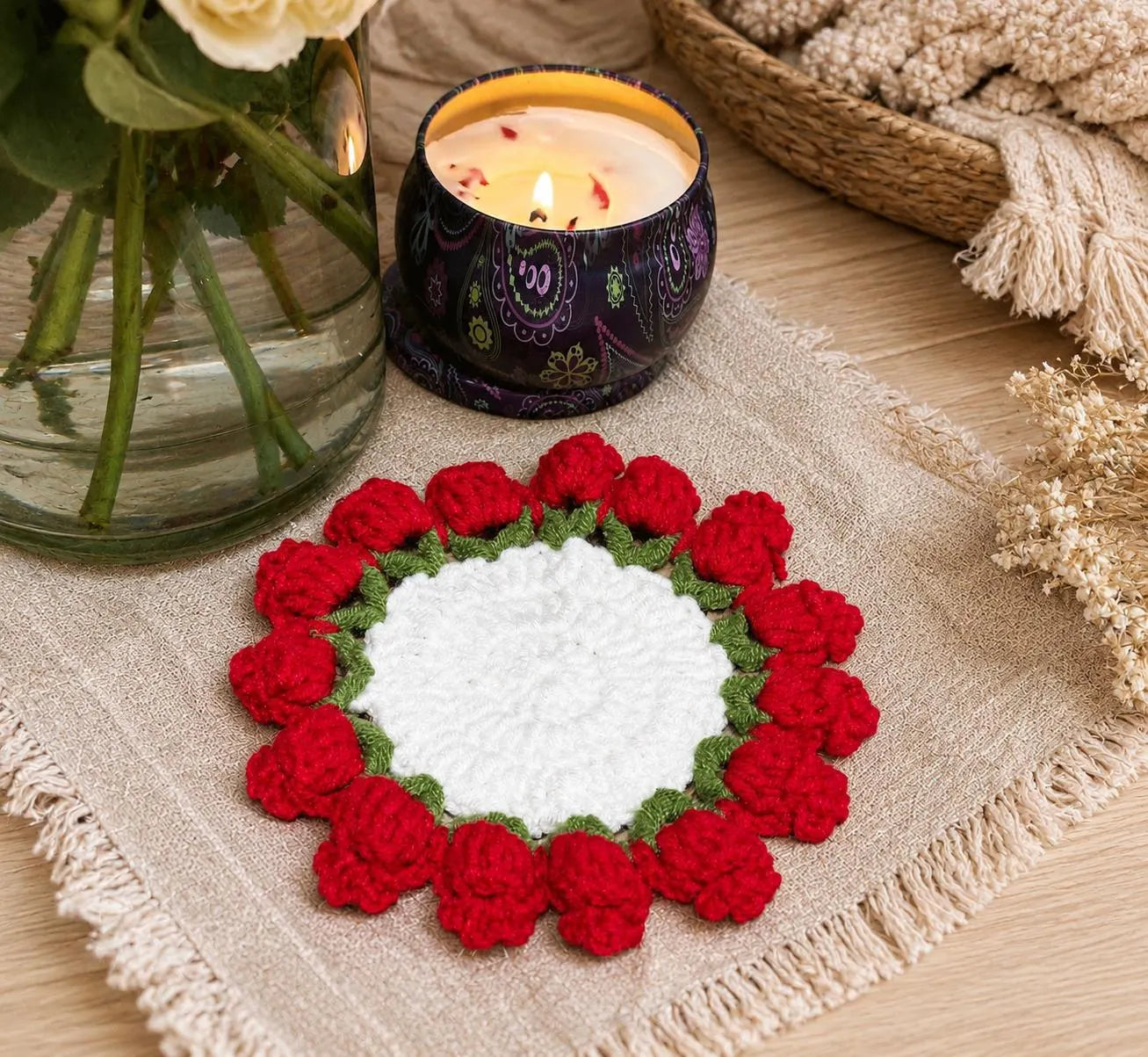 Crochet Flower Coaster Bouquet with Basket, Handmade Floral Mug Coaster, Housewarming Gift, Tea Lover Gift