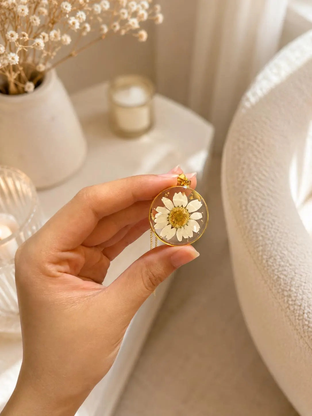Real Pressed Flower Resin Necklace, Handmade Gold Botanical Pendant, Dried Flower Jewelry Gift for Her