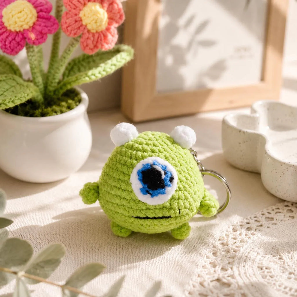 Crochet One-Eyed Monster Keychain, Green Amigurumi Bag Charm, Cute Handmade Plush Gift