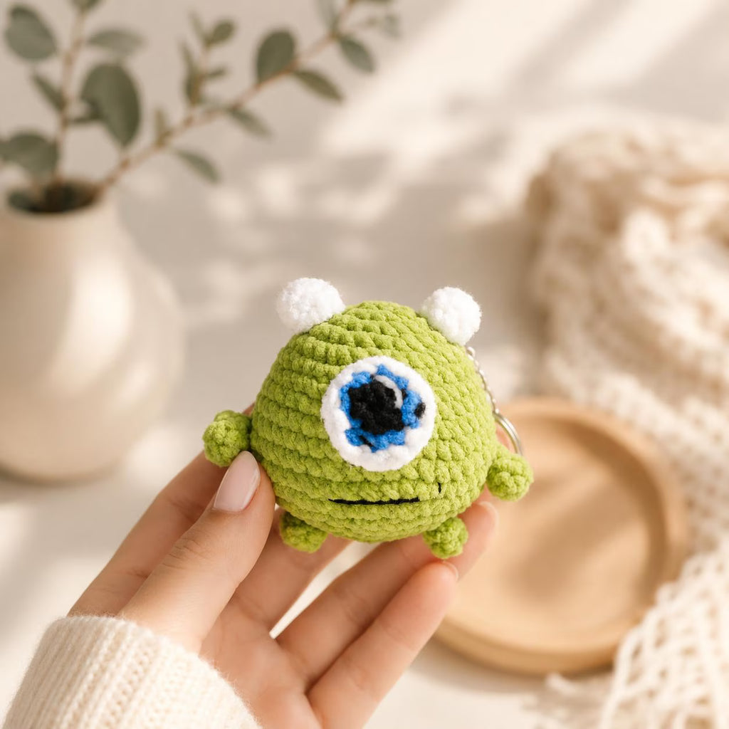 Crochet One-Eyed Monster Keychain, Green Amigurumi Bag Charm, Cute Handmade Plush Gift