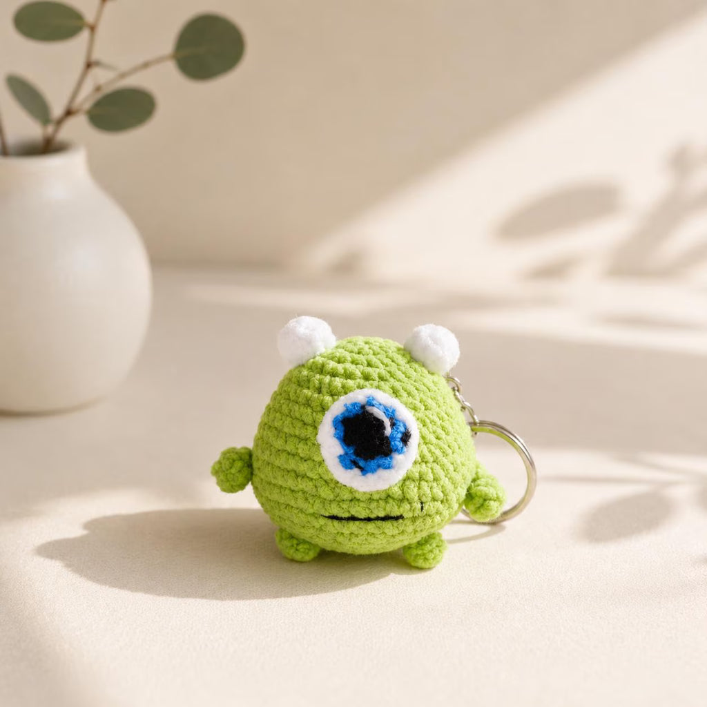 Crochet One-Eyed Monster Keychain, Green Amigurumi Bag Charm, Cute Handmade Plush Gift
